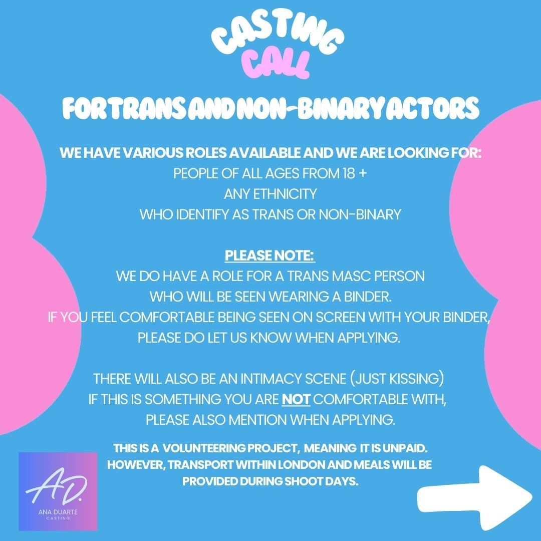 ADuarteCasting's tweet photo. 📅 Deadline for our #CastingCall has been extended until Monday 1st July!

We are still looking for fab trans and non-binary actors for our voluntary charity promo film for @Spectra_London 🫶

No acting experience is necessary and all the info on how to apply is below! 👇👇👇 https://t.co/lBBUZaQeM8