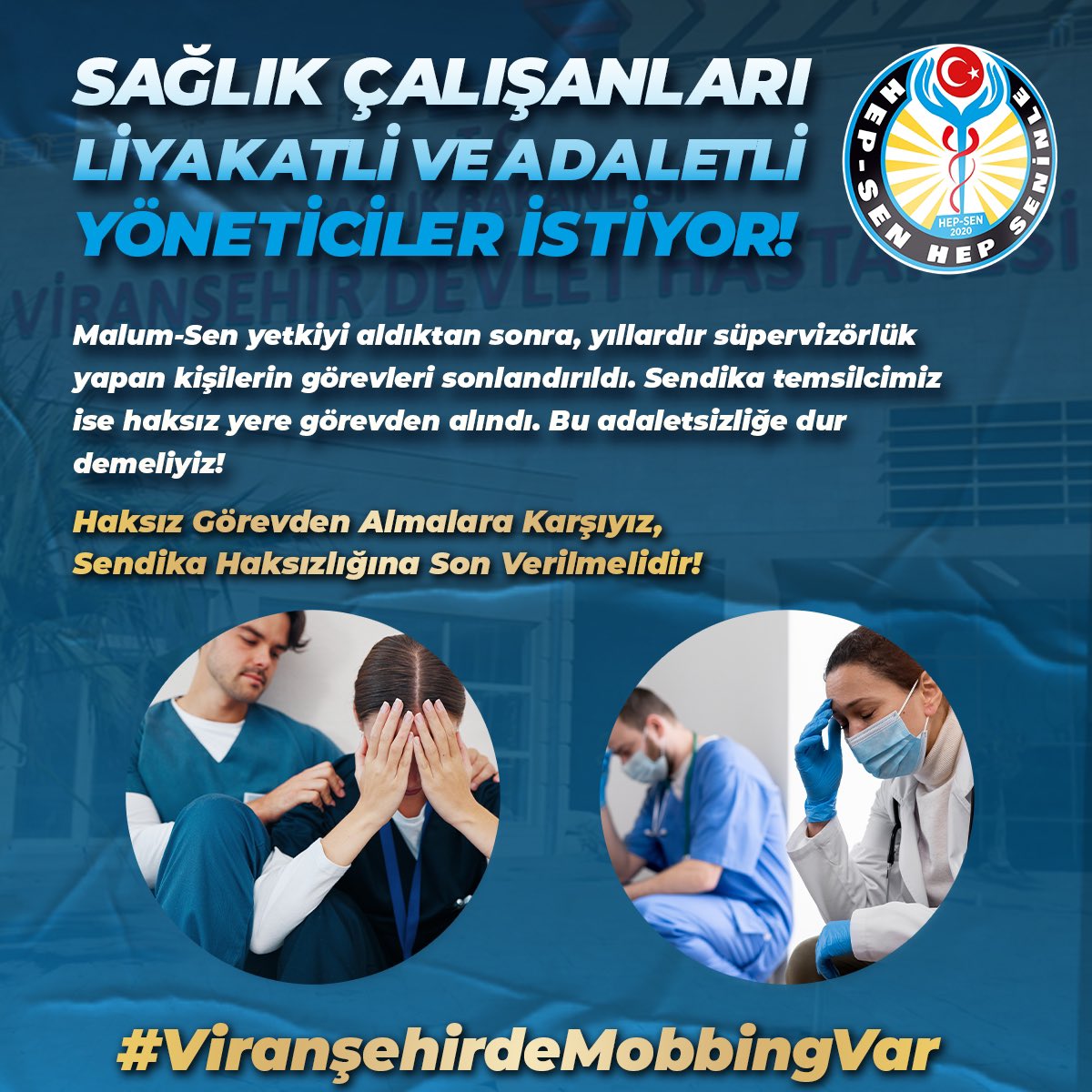 Sağlık çalışanları liyakatli ve adaletli yöneticiler istiyor!.

Malum-sen yetkiyi aldıktan sonra, yıllardır süpervizörlük yapan kişilerin görevleri sonlandırıldı. Sendika temsilcimiz haksız yere görevden alındı.Bu adaletsizliğe dur demeliyiz!.. 

Haksız görevden Almalara