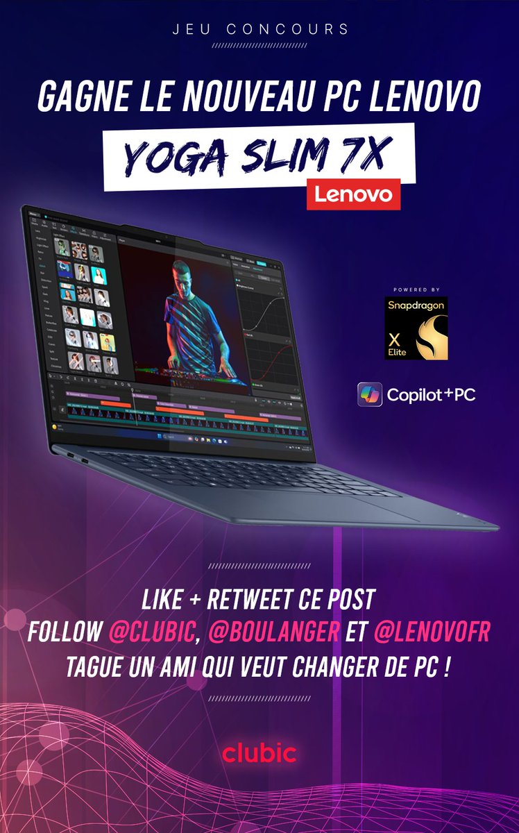 ClubicBonsPlans's tweet photo. #Concours  #soldes2024
Pour les Soldes d'été, @boulanger et @lenovofr t'offrent le Lenovo Yoga Slim 7x !

Pour participer c'est simple : 
✅Like et retweet ce post
✅Follow @ClubicBonsPlans, @boulanger et @lenovofr 
✅Tague un ami qui veut changer son PC

TAS le 03/07 ! 🍀 https://t.co/WlL89hFc2j