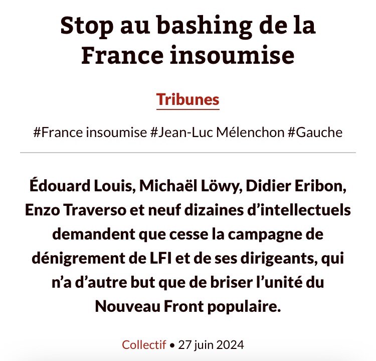 📝 Avec plusieurs dizaines de personnalités de la recherche, des arts et du monde intellectuel nous demandons que cesse le bashing permanent contre la France insoumise dont nous identifions clairement l’objectif : briser le #NouveauFrontPoplulaire 

↪️ politis.fr/articles/2024/…