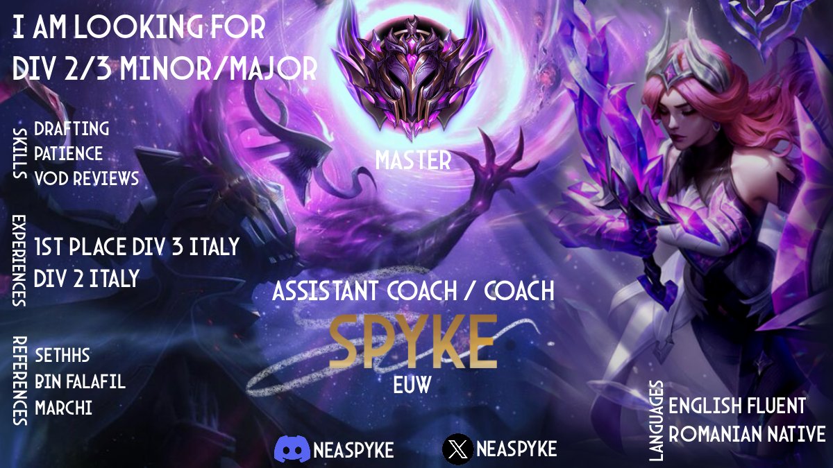Nyah Spyke (@neaspyke) on Twitter photo After 2 splits at <a href="/Zena_Esports/">Zena Esports</a> italian team as an Assistant Coach, I feel like i should explore my options.
Looking for a spot as an Assistant Coach in Div2/Div 3 Minor/Major or Head coach Div 3.
References:
<a href="/SethHsPRC/">SethHS</a>
<a href="/AbdulBinFalafil/">Abdulla F. Al-Baker</a>
<a href="/ZENA_Marchi/">ZENA Marchi</a>
I'll consider any offers After 2 splits at <a href="/Zena_Esports/">Zena Esports</a> italian team as an Assistant Coach, I feel like i should explore my options.
Looking for a spot as an Assistant Coach in Div2/Div 3 Minor/Major or Head coach Div 3.
References:
<a href="/SethHsPRC/">SethHS</a>
<a href="/AbdulBinFalafil/">Abdulla F. Al-Baker</a>
<a href="/ZENA_Marchi/">ZENA Marchi</a>
I'll consider any offers
