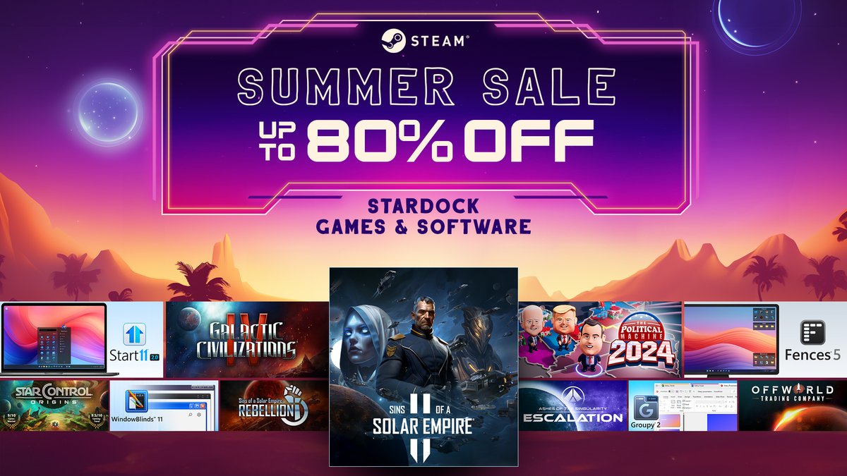 Stardock's tweet image. Stardock games and software up to 80% off in the Steam Summer Sale! 

Shop Now: store.steampowered.com/publisher/star…