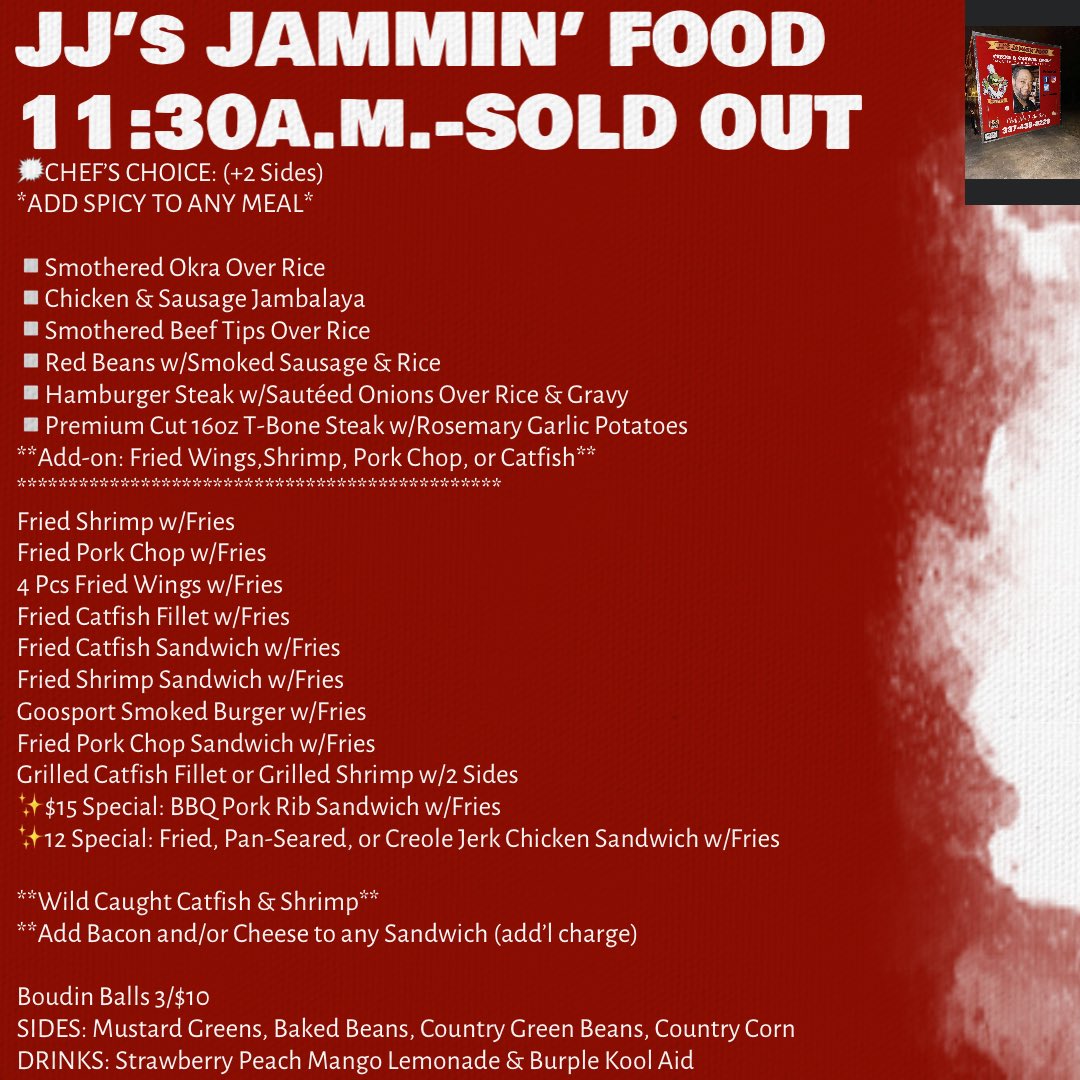 JamminFood's tweet photo. We’re open! 📍3009 Gerstner Memorial Dr. Lake Charles, LA #LakeCharles #FoodTruck #SWLA #Summer2024 #SoulFood https://t.co/0silhbKYDH