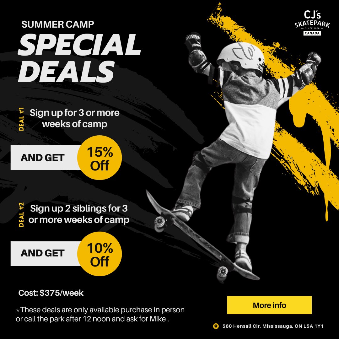 🔥 Hot Summer Deals at CJ's SKATEPARK! 🔥 
🌟 Sign up for 3+ weeks of camp and get 15% off 
🌟 Sign up 2 siblings for 3+ weeks of camp and get 10% off 
*These deals are available for in-person purchases or by calling the park after 12 noon (ask for Mike).