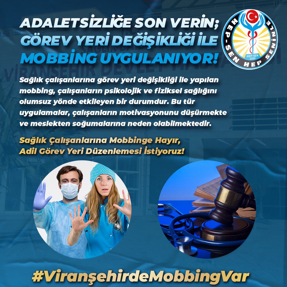 ADALETSİZLİĞE SON VERİN; GÖREV YERİ DEĞİŞİKLİĞİ İLE MOBBİNG UYGULANIYOR!

Sağlık çalışanlarına görev yeri değişikliği ile yapılan mobbing, çalışanların psikolojik ve fiziksel sağlığını olumsuz yönde etkileyen bir durumdur. Bu tür
uygulamalar, çalışanların motivasyonunu düşürmekte