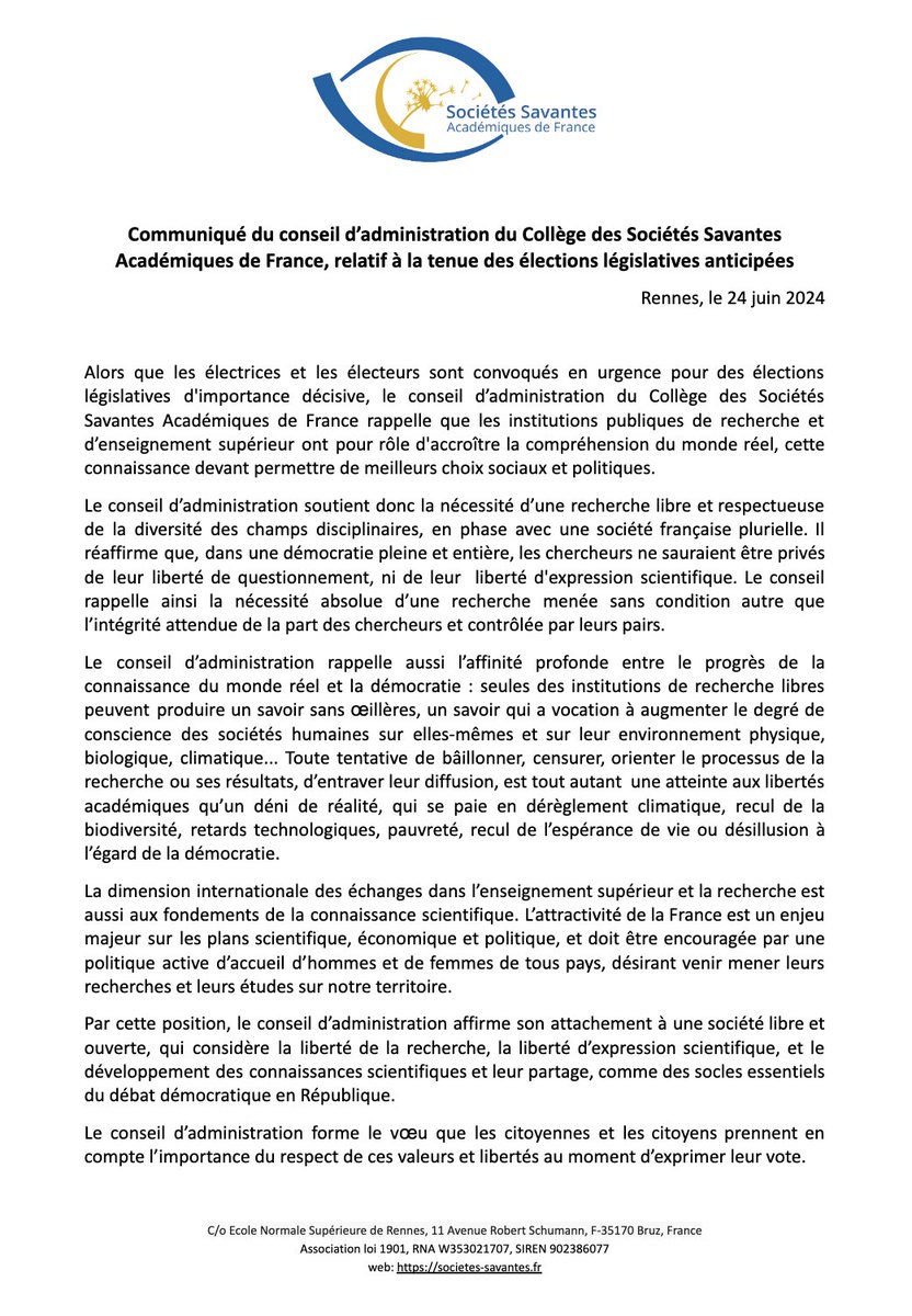 H2C (@asso_h2c) on Twitter photo H2c s'associe au communiqué du Conseil d’administration du Collège des Sociétés Savantes Académiques de France (<a href="/SocSavantes2/">Collège sociétés savantes académiques de France</a>) relatif aux élections législatives anticipées des 30 juin et 7 juillet 2024
societes-savantes.fr/communique-ele… H2c s'associe au communiqué du Conseil d’administration du Collège des Sociétés Savantes Académiques de France (<a href="/SocSavantes2/">Collège sociétés savantes académiques de France</a>) relatif aux élections législatives anticipées des 30 juin et 7 juillet 2024
societes-savantes.fr/communique-ele…