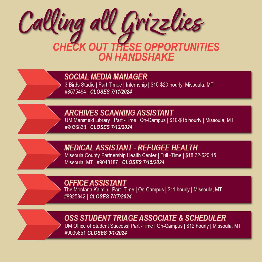 Looking to add a summer gig to your break?

Here are some open positions in Missoula and the surrounding Montana area accepting applications now! Apply for these and more on Handshake and find the employment solution that's perfect for you!