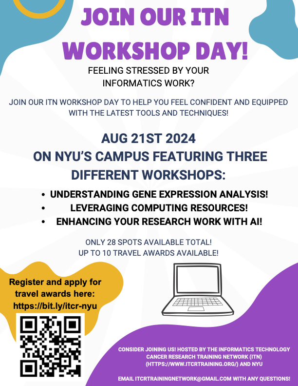 Biomedical researchers and students at NYU and surrounding institutions -- we're hosting 3 workshops on Aug 21 about understanding gene expression analysis, leveraging computing resources, and enhancing your research work using AI. Consider joining us!
