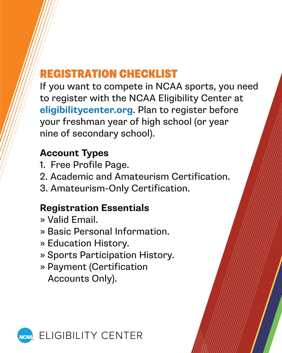 Use this checklist to register for an <a href="/ncaaec/">NCAA Eligibility Center</a> account before your freshman year of high school.

🔗 on.ncaa.com/RegChecklist