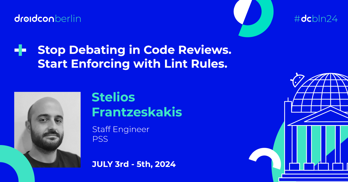 Join <a href="/SteliosFran/">Stelios Frantzeskakis</a> #dcbln24 session to:

📱Use #lintrules to prevent bugs early in the #AndroidDev process.
📱Integrate these lint rules into your CI/CD pipeline.
📱Write lint rules that enforce your team's architectural standards &amp; best practices.

berlin.droidcon.com/speaker/stelio…