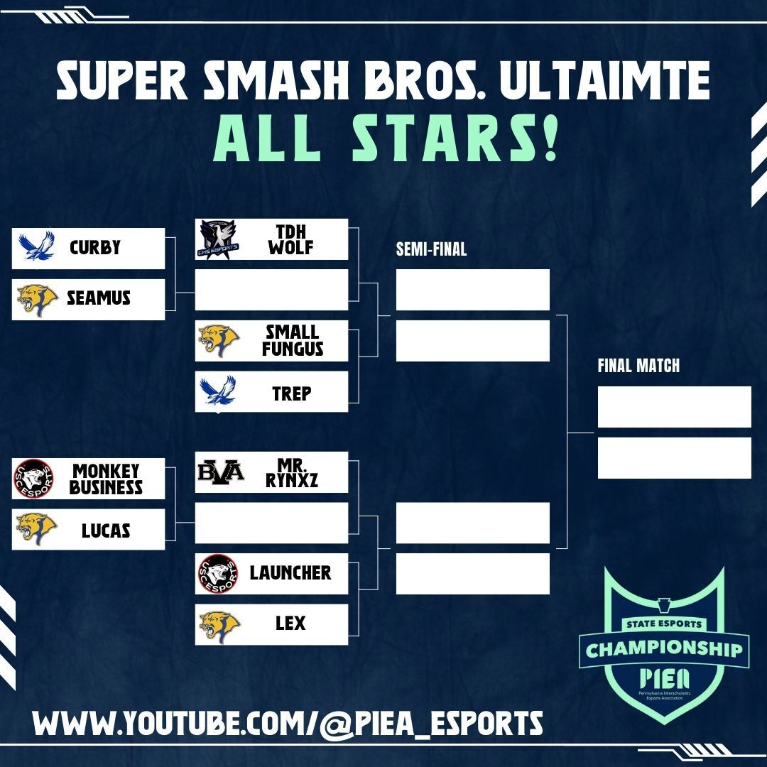 pieaesports's tweet photo. Exciting news! The Spring 2024 Super Smash Bros Ultimate All-Star match starts today at 4pm! 🎮✨ Check out the bracket and join us for some amazing gameplay as top players face off in this friendly competition. Don't miss it! 🏆

#GameOnPA https://t.co/KU6q97GBJJ