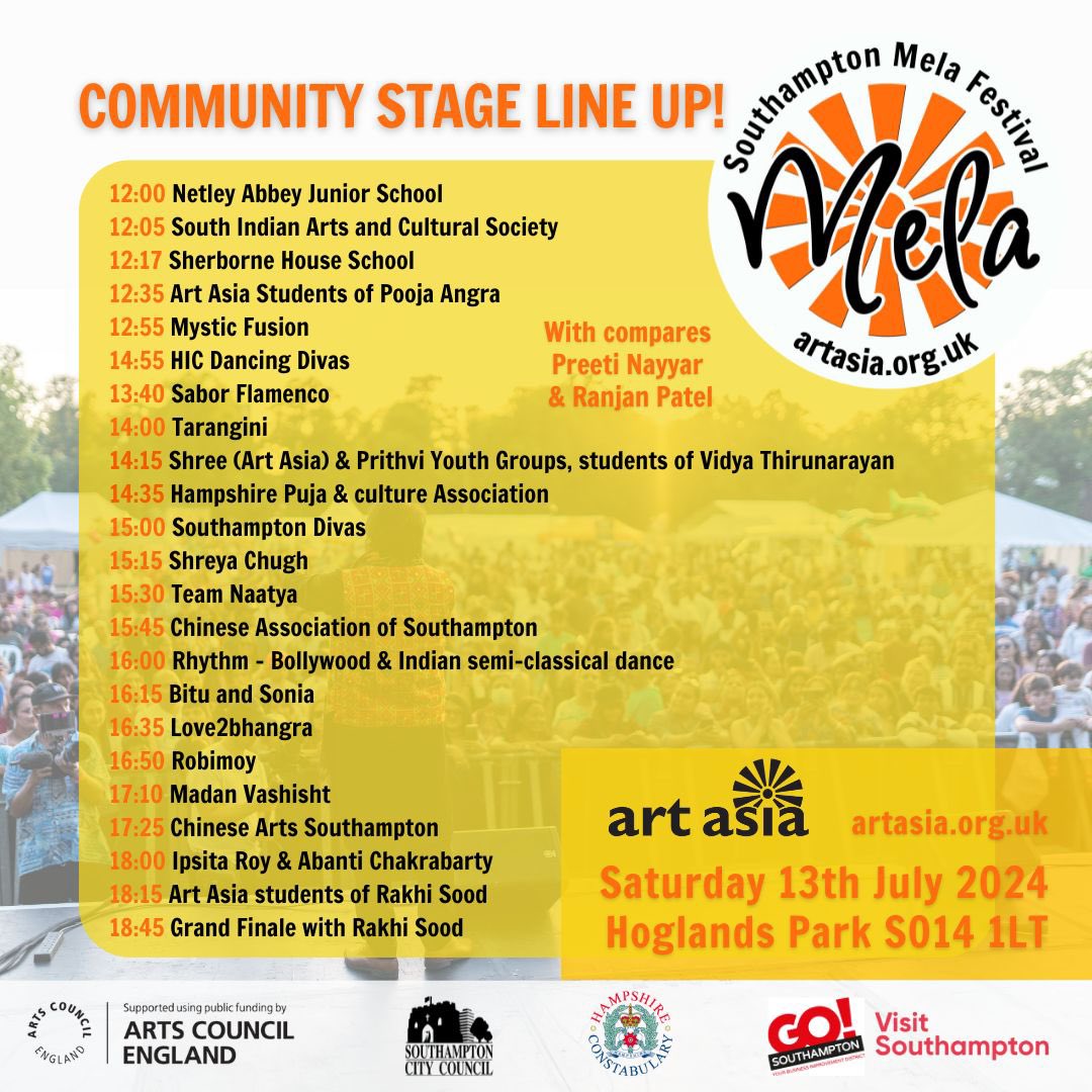 Announcing the Southampton Mela Festival line up! We presenting the best professional and community acts on our 3 stages. Don’t miss it! #southamptonmela2024 #livemusic