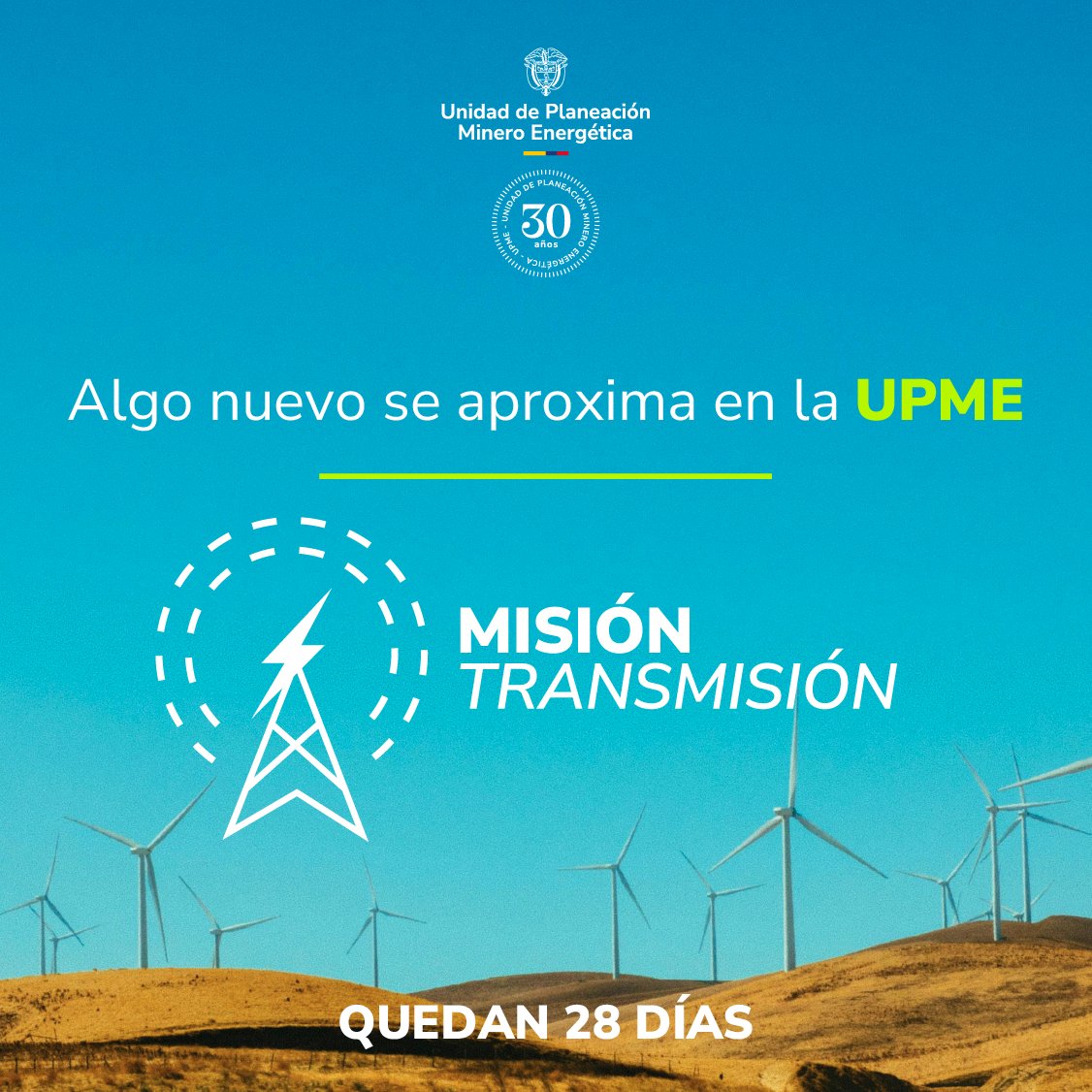 UPMEOficial's tweet photo. ¡Espéralo! 

Se viene algo nuevo en la UPME. En pocos días conocerás cómo avanzamos en la transmisión de energía en diferentes zonas del país.🇨🇴 https://t.co/NqKpCIZ6Tv