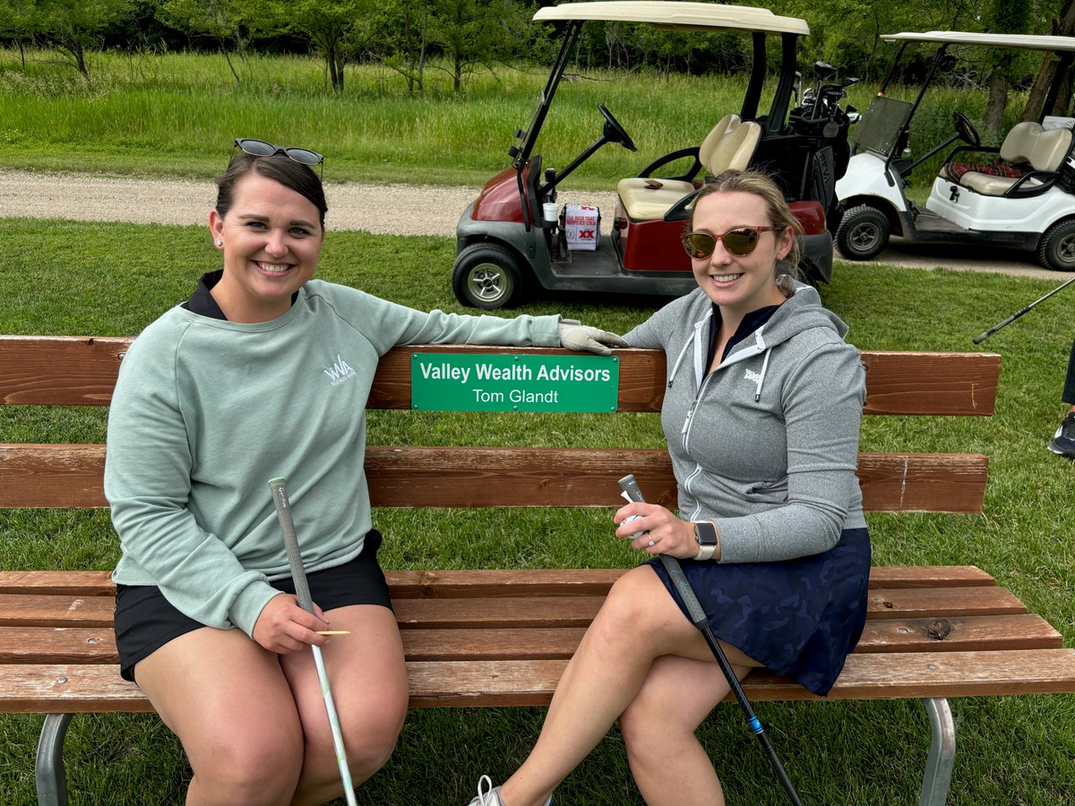 VWAdvisors's tweet photo. Carly and Charlotte, pictured next to Tom's sponsored bench, showcased their golfing skills in a community event yesterday! They participated in the 4 Person Scramble hosted by Valley City Town &amp; Country Club. Great job, ladies! ⛳️🏌️‍♀️ https://t.co/8Otjgz8g46