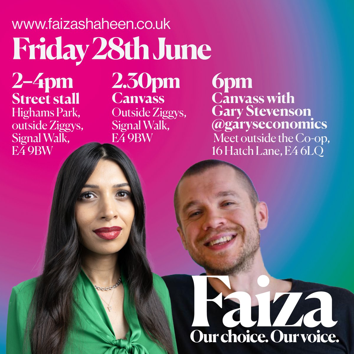 Exciting news! The brilliant Gary Stevenson of <a href="/garyseconomics/">Gary Stevenson</a> is joining us tomorrow. He'll be with me at our evening canvass session in Hatch at 6pm, full details on my website: faizashaheen.co.uk/campaign-events 📆

And make sure to come down to our afternoon street stall and canvass in