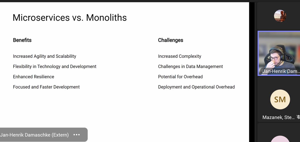 Sehr cool, <a href="/JanDamaschke/">Jan-Henrik Damaschke 🦋</a> hat mit seiner Session zu #azure #cloud native Entwicklung begonnen und gibt uns erstmal einen sehr schönen Einblick in die Vorteile von #microservices. Ihr könnt gerne noch teilnehmen
#azurebonn