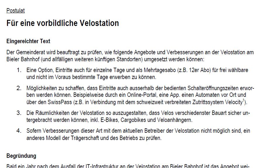 Bald 1 Jahr nach Ausfall der IT der #Velostation am Bahnhof #Biel ist Angebot weiterhin unbefriedigend. Zusammen mit <a href="/UrsScheuss/">Urs Scheuss</a>, @LevinKoller &amp; Joseline Stolz habe ich heute im #StadtratBiel einen Vorstoss zur Verbesserung der Situation eingereicht.
#BielBienne #WahlBiel24 #Velo