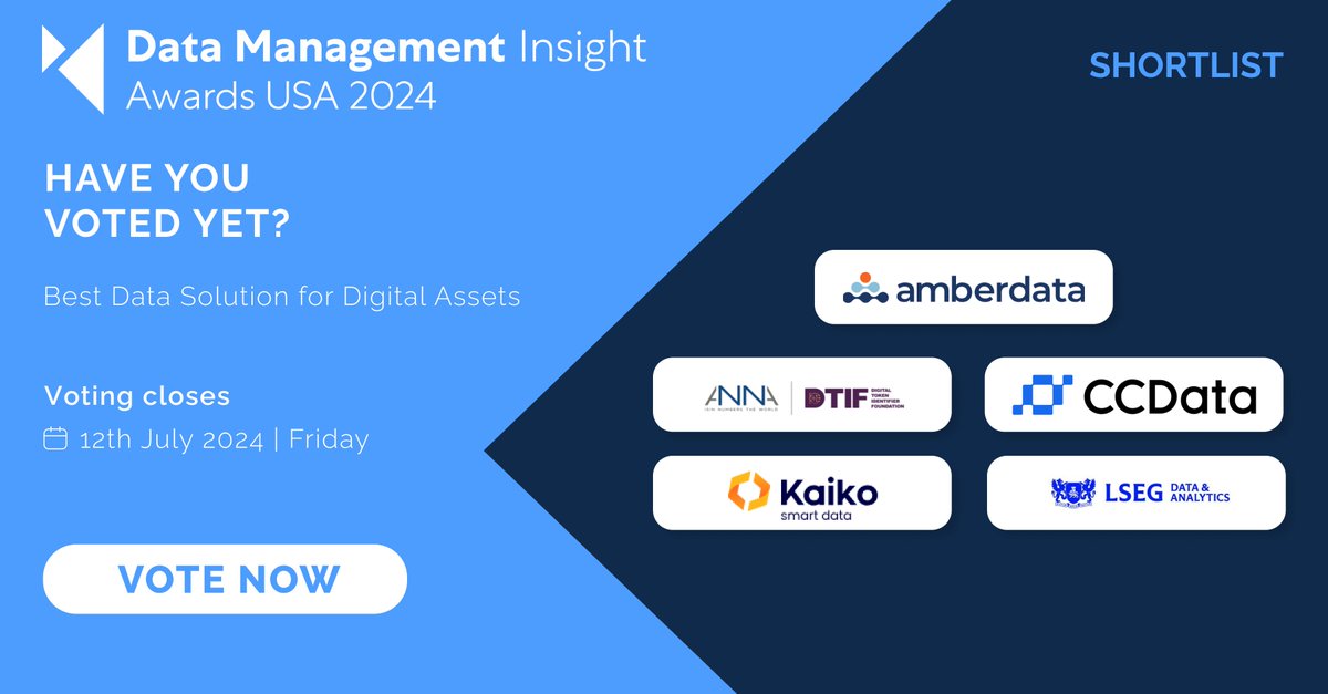 Amberdataio's tweet image. Data Management Insight Awards USA 2024 🥇
Nomination: Best Data Solution for Digital Assets 🧑💻
Help Amberdata gain recognition as a service provider in #digitalassets!
@DataMgmtInsight @ATeamInsight #dmiawards #datasolution
Vote for Amberdata here 👇
a-teaminsight.com/awards/data-ma…