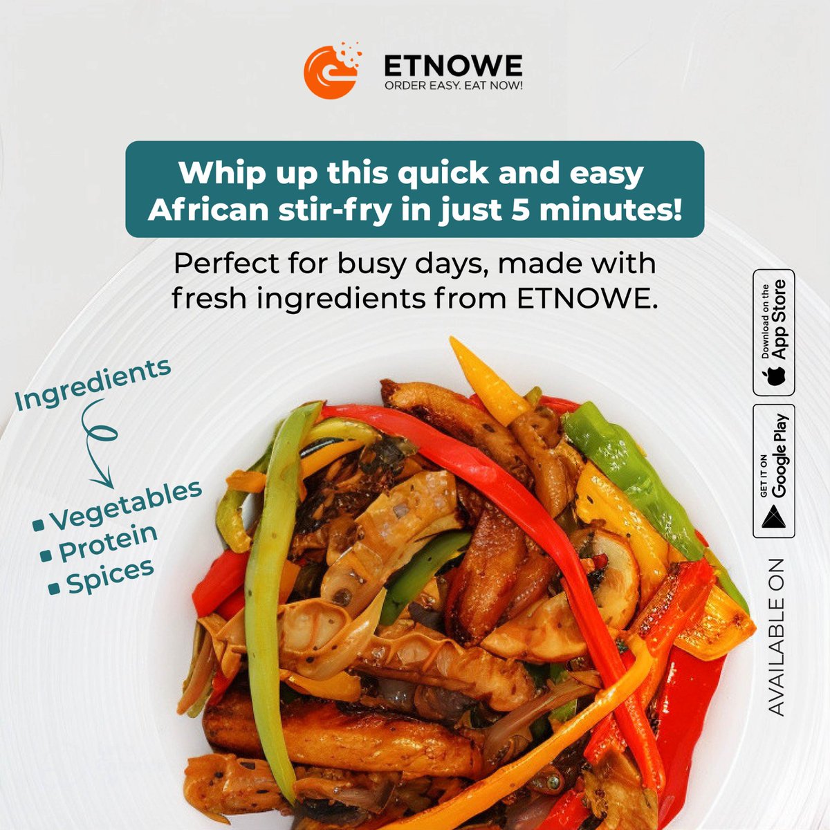 etnowe's tweet photo. Whip up this quick and easy African stir-fry in just 5 minutes! Perfect for busy days, made with fresh ingredients from ETNOWE.

Ingredients (available @ETNOWE):
#quickmeals #africanstirfry #ETNOWE #easyrecipes #5minutemeals #onlinegrocery #groceryshopping #shoponlinenow https://t.co/hVK06Q7MZu