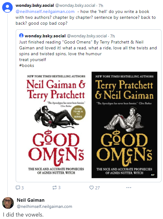 FYeahGoodOmens's tweet photo. The mystery how Terry and Neil wrote Good Omens solved :D #GoodOmens https://t.co/Z5kubvYvj0
