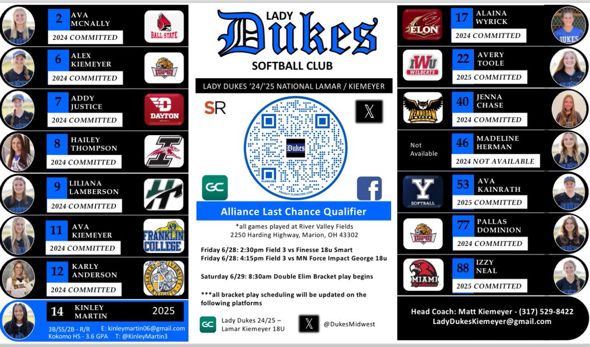 Lady Dukes 18U National - Kiemeyer/Tesnar (@dukesmidwest) on Twitter photo Excited to have the whole band together for the <a href="/thealliancefp/">The Alliance Fastpitch</a> Last Chance Qualifier in Marion, OH this weekend! 🔥 🆙 Excited to have the whole band together for the <a href="/thealliancefp/">The Alliance Fastpitch</a> Last Chance Qualifier in Marion, OH this weekend! 🔥 🆙