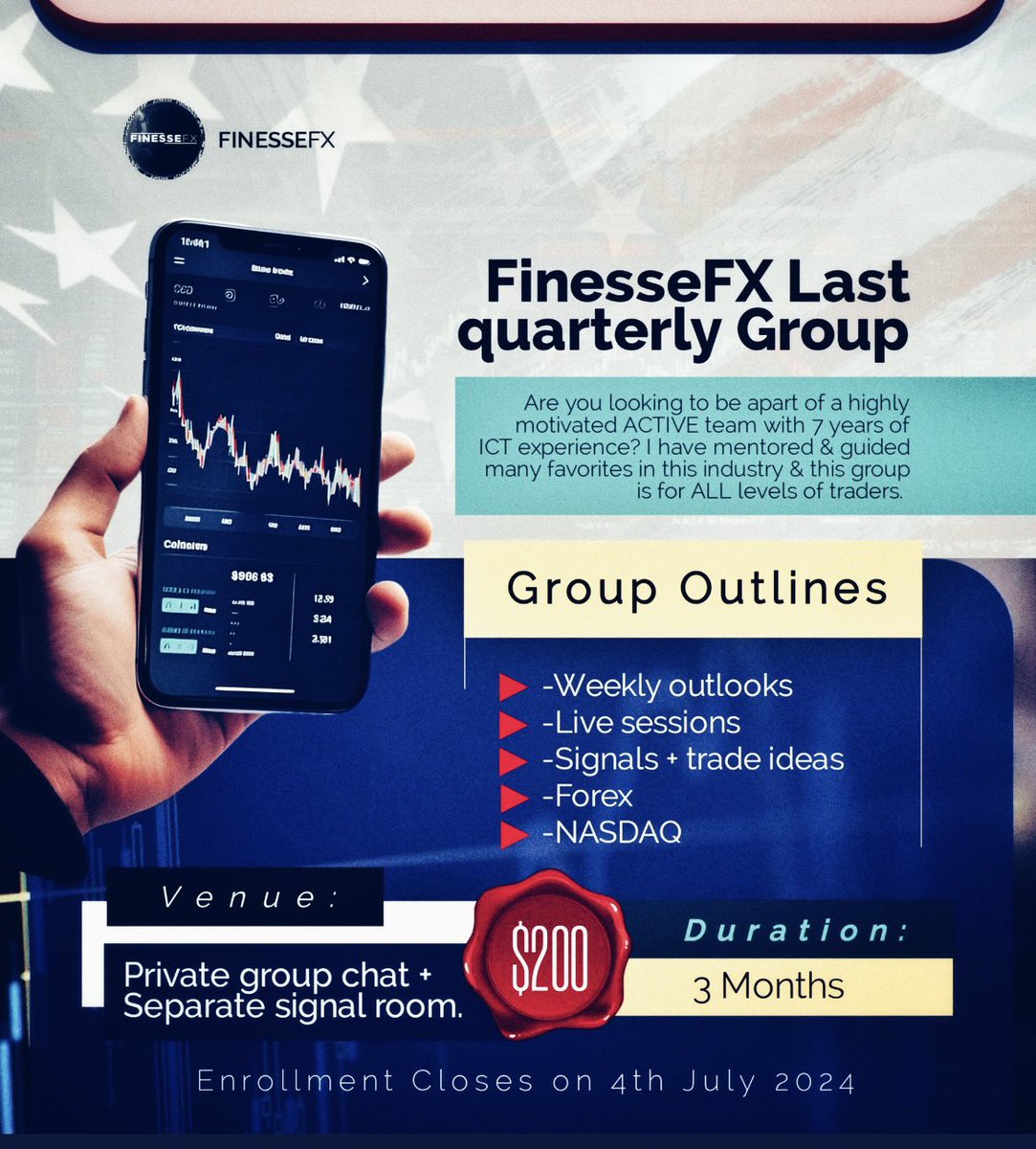 Monday!⭐️⭐️⭐️⭐️🚨🚨🚨🚨

Doors will open up for my LAST group. 

I will be giving away 5x FREE spots &amp; 5x 50k accounts to anyone who likes/reposts &amp; tags 2 friends!

- This is my 4th of July special 🇺🇸
- let’s make trading great again 🇺🇸 

If you’re interested in joining the #1