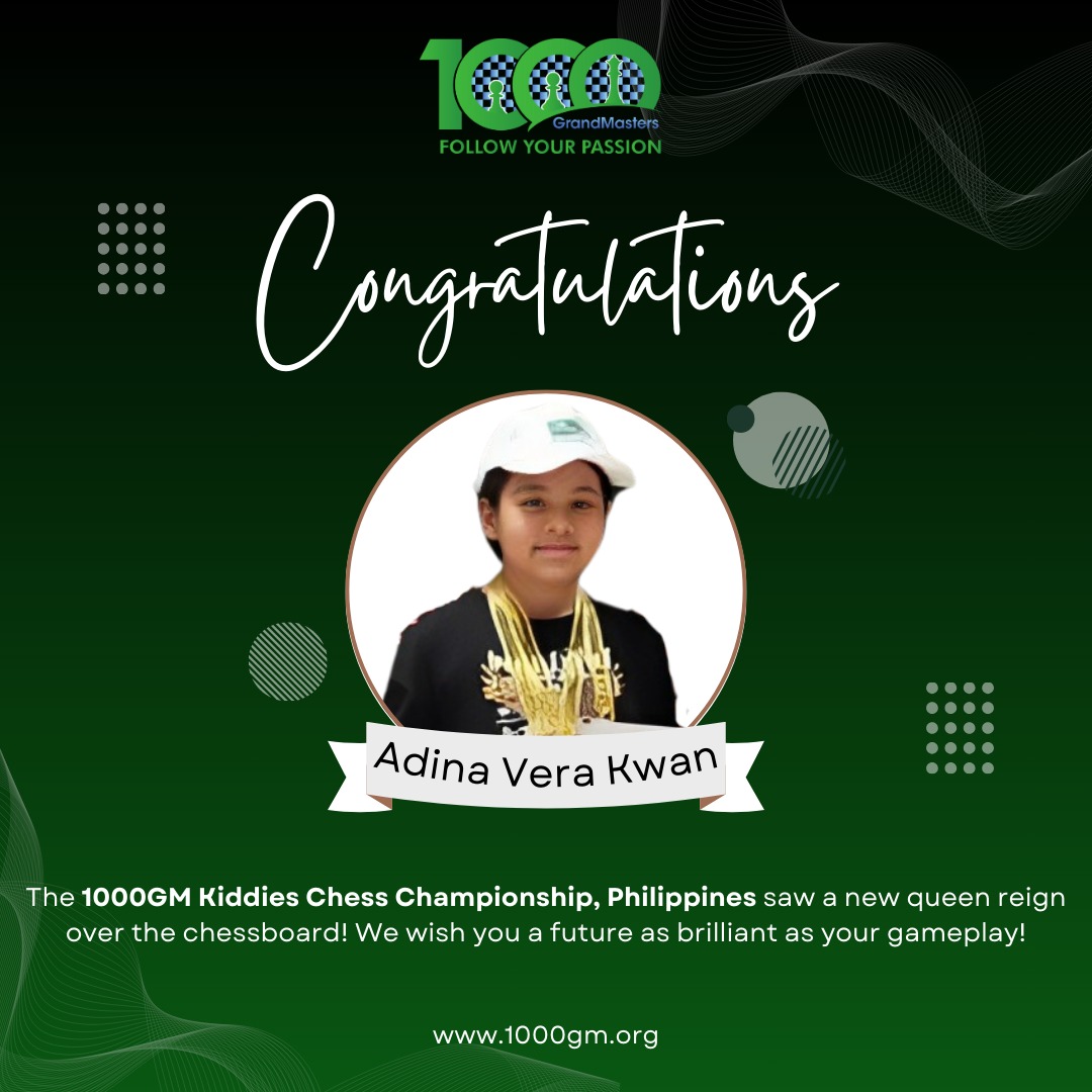 Celebrating a stellar triumph at the 1000GM Kiddies Chess Championship 2024, held in Cebu City, Philippines! Adina Vera Kwan, you've played your way to the top, becoming our newest chess queen.
Keep shining, young grandmaster! 

#ChessQueen #FutureGrandmaster  #1000GMChessAcademy