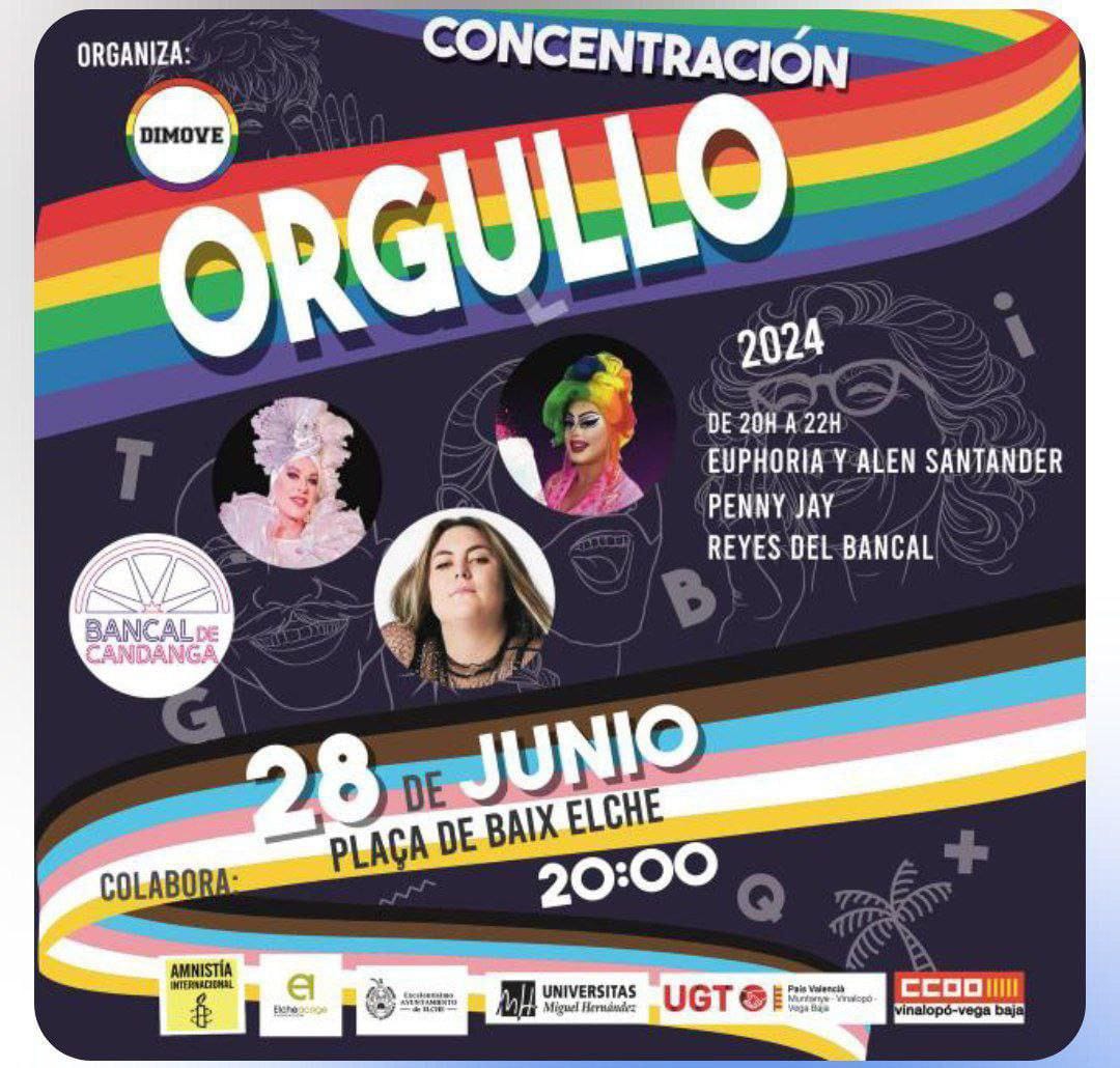 podemElx's tweet photo. Demá 28 de juny, concentració pel Dia Internacional de l'Orgull LGBTIQ+ a la Plaça de Baix
#Orgullo2024
#LGTBIQ+
#OrgulloElche https://t.co/DOM6hLMqkB