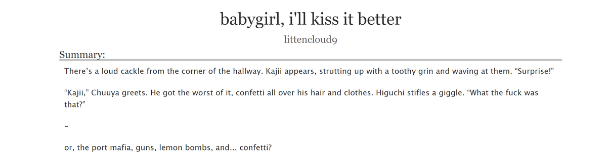 littencloud9's tweet photo. #BSDFluffWeek24 #bsd #akutagawagin
🍋 teen and up, minor tachigin + port mafia ensemble, 1.7k
🍋 for day 4 of bsd fluff week: games // you'll figure it out, i'm not worried about you
https://t.co/4cdGrctllC https://t.co/VDcpf9X1Ti