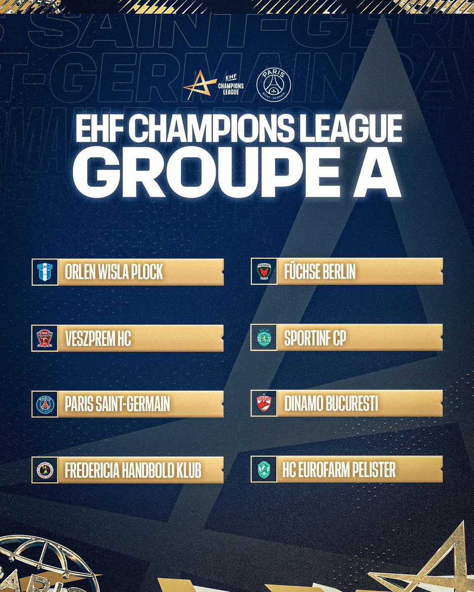PSG Handball (@psghand) on Twitter photo Le prochain groupe de nos 🔴🔵 en <a href="/ehfcl/">EHF Champions League</a> pour la saison 2024/2025
<a href="/SPRWisla/">ORLEN Wisła Płock</a>
<a href="/veszprem_hc/">One Veszprém</a>
@fredericiahk
<a href="/FuechseBerlin/">Füchse Berlin</a>
<a href="/SportingCP/">Sporting CP</a>
<a href="/DinamoOficialCS/">Dinamo Bucuresti Official</a>
HC Eurofarm Pelister Le prochain groupe de nos 🔴🔵 en <a href="/ehfcl/">EHF Champions League</a> pour la saison 2024/2025
<a href="/SPRWisla/">ORLEN Wisła Płock</a>
<a href="/veszprem_hc/">One Veszprém</a>
@fredericiahk
<a href="/FuechseBerlin/">Füchse Berlin</a>
<a href="/SportingCP/">Sporting CP</a>
<a href="/DinamoOficialCS/">Dinamo Bucuresti Official</a>
HC Eurofarm Pelister