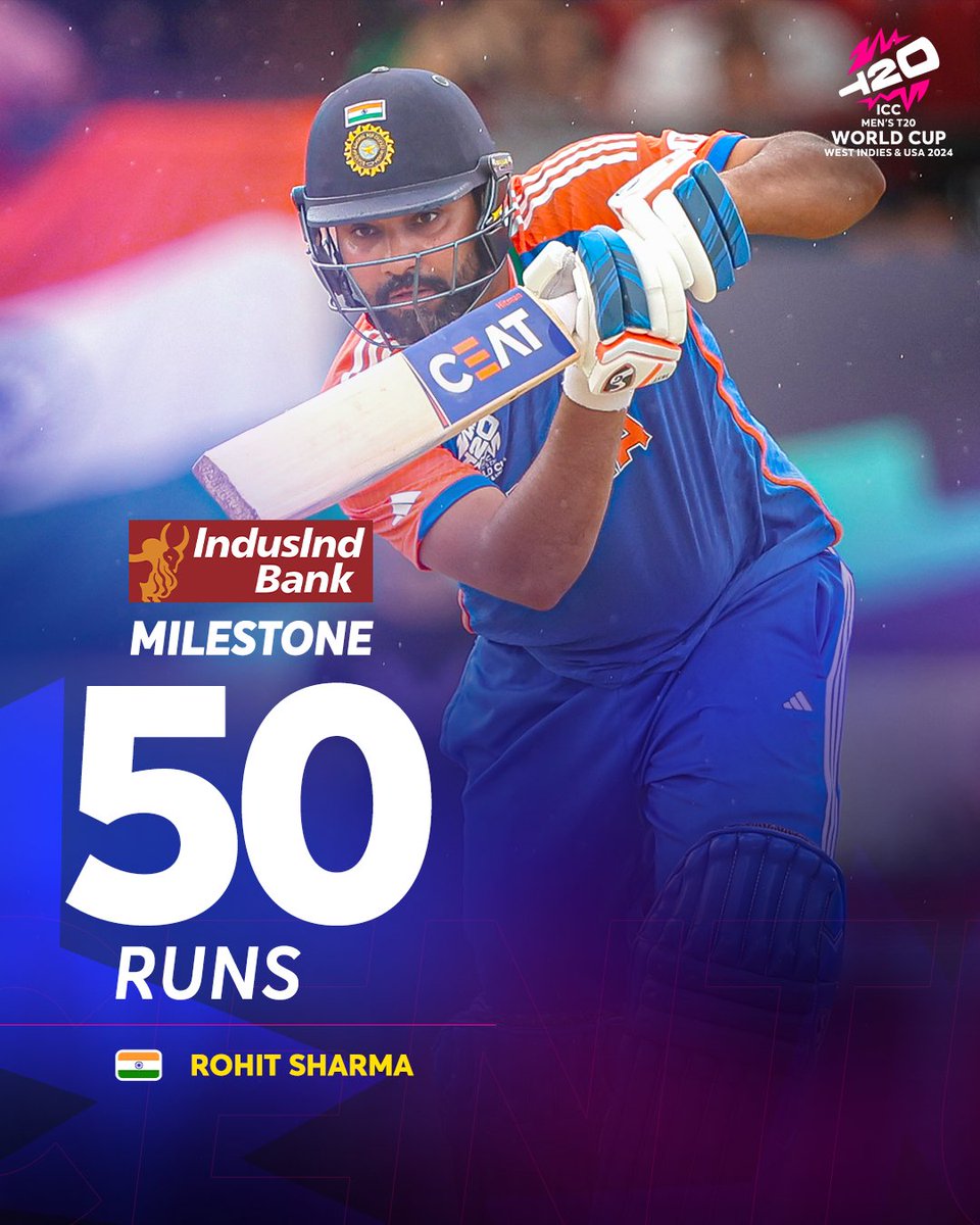 ICC's tweet photo. A captain's knock 👏

Back-to-back @MyIndusIndBank Milestones for skipper Rohit Sharma at the #T20WorldCup 2024 5️⃣0️⃣

#INDvENG https://t.co/QSBGKBaqWI