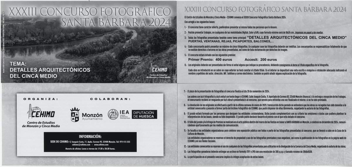 cehimo's tweet photo. XXXIII Concurso Fotográfico Santa Bárbara. Tema "DETALLES ARQUITECTÓNICOS DEL CINCA MEDIO" (puertas, ventanas, rejas, balcones, picaportes,...). Plazo de presentación hasta el 29/11/2024. Patrocinado por @iea_huesca y @AytoMonzon #fotografía #Concursos2024 Bases en #CEHIMO https://t.co/PVT5ZxxjNS