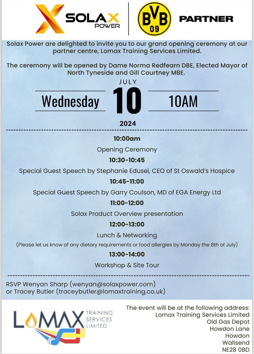 Solaxpoweruk's tweet photo. We are very excited to announce 
@solaxpower first Netzero Renewable Training Academy at @lomaxtraining on 10th July, and are very honoured to have Dame Norma Redfearn DBE Elected Mayor of North Tyneside and Gillian Courtney MBE to be our special guests for the grand opening. https://t.co/4chxcTGaA1