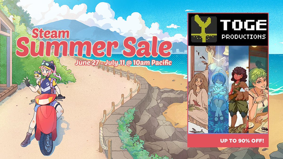 ☀️Steam Summer Sale is here!
Get our games with up to -90% off on Steam until July 11th!

☕️Coffee Talk Ep. 2 -30%
💫A Space for the Unbound -40%
🦉When the Past Was Around -40%
⚔️Vanaris Tactics -50%
🔥Rising Hell -50%
🍮Rage in Peace -80%
▶️...And more!

store.steampowered.com/publisher/toge…