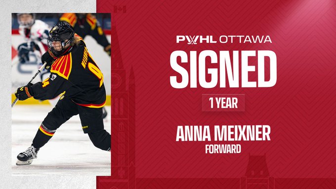 Signing graphic for PWHL Ottawa. 

Anna Meixner, Forward, 1 year contract. 