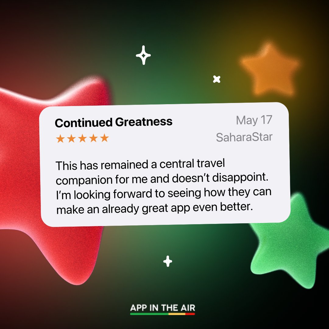 appintheair's tweet photo. Thanks, SaharaStar! Just so you know, we have some big plans in the works. Mr. Drinkins and Crew is really working hard to make your App in the Air even better.
#AppintheAir #AppReview #TravelApp https://t.co/ZtEC5YnlTh