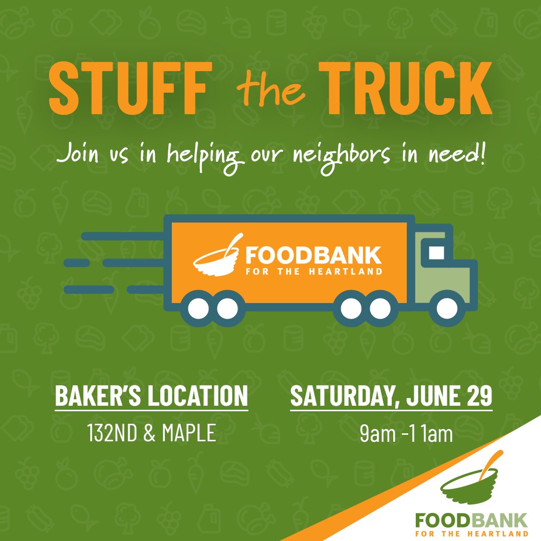Food4Heartland's tweet image. Come see us Saturday from 9am—11am at the Baker's location on 132nd &amp;amp; Maple and help us STUFF the TRUCK! With support from @bakersgrocery, your purchase and donation of non-perishable items today will fill tables with food and hearts with hope.