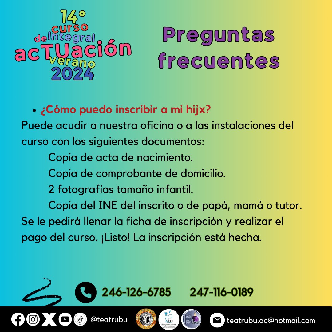 Teatrubu's tweet photo. ¡Apresúrate a inscribirte al curso de actuación #verano2024 de #Teatrubu y aprovecha esta increíble promoción!
¡Te esperamos!
Llama al 2471160189 / 2461266785
#Teatro #Cursodeverano #verano2024 #Tlaxcala #niños #niñas #jovenes #Cursos https://t.co/TO55N7F3cD