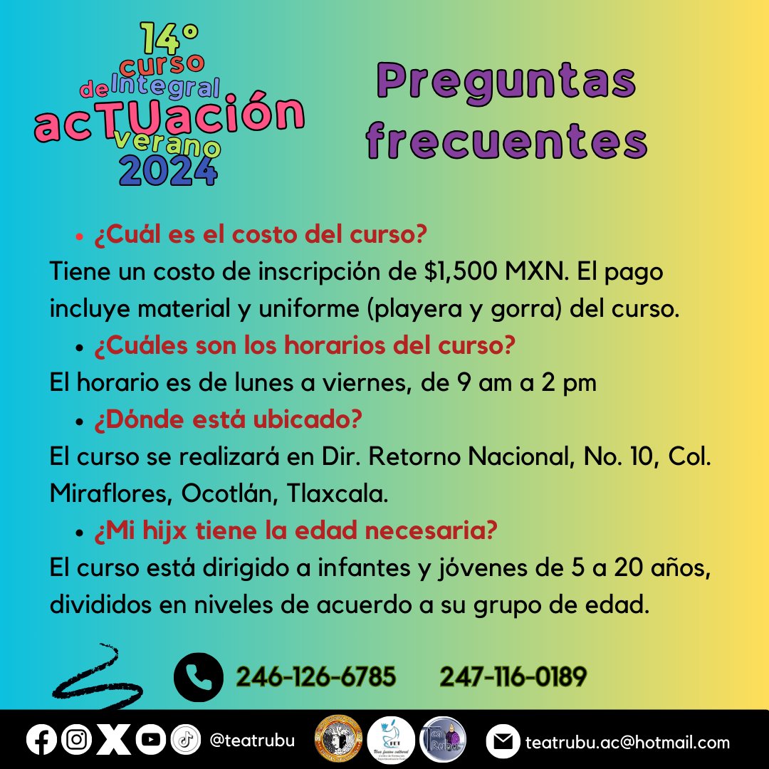 Teatrubu's tweet photo. ¡Apresúrate a inscribirte al curso de actuación #verano2024 de #Teatrubu y aprovecha esta increíble promoción!
¡Te esperamos!
Llama al 2471160189 / 2461266785
#Teatro #Cursodeverano #verano2024 #Tlaxcala #niños #niñas #jovenes #Cursos https://t.co/TO55N7F3cD