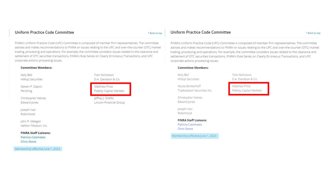 Who dis??? 
<a href="/Fidelity/">Fidelity Investments</a> - [Matthew Price]…"he is and has NOT EVER had anything to do with FINRA…that would be a HUGE conflict of interest.”
Matthew Price WAS on the <a href="/FINRA/">FINRA</a> Uniform Practice Code Committee (UPC) in June 2022 (and June 2023) when that very committee decided to