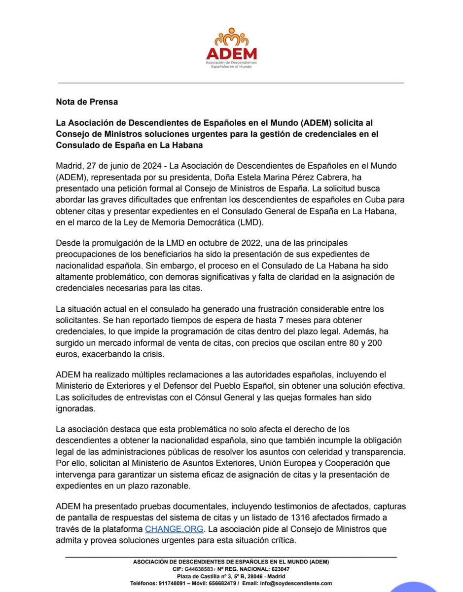 LMD 🇨🇺 🇪🇸 (@llunixz) on Twitter photo Es de gran importancia que esta petición de ADEM sea atendida y lograr una solución a los problemas que atravesamos para poder obtener credenciales en el <a href="/ConsEspLaHabana/">ConsEspLaHabana</a> necesitamos que las autoridades pertinentes le den una solución ya!! <a href="/MAECgob/">Ministerio de Asuntos Exteriores, UE y Cooperación</a> <a href="/SE_MemoDemo/">Secretaría de Estado de Memoria Democrática</a> <a href="/DefensorPuebloE/">Defensor del Pueblo</a> Es de gran importancia que esta petición de ADEM sea atendida y lograr una solución a los problemas que atravesamos para poder obtener credenciales en el <a href="/ConsEspLaHabana/">ConsEspLaHabana</a> necesitamos que las autoridades pertinentes le den una solución ya!! <a href="/MAECgob/">Ministerio de Asuntos Exteriores, UE y Cooperación</a> <a href="/SE_MemoDemo/">Secretaría de Estado de Memoria Democrática</a> <a href="/DefensorPuebloE/">Defensor del Pueblo</a>