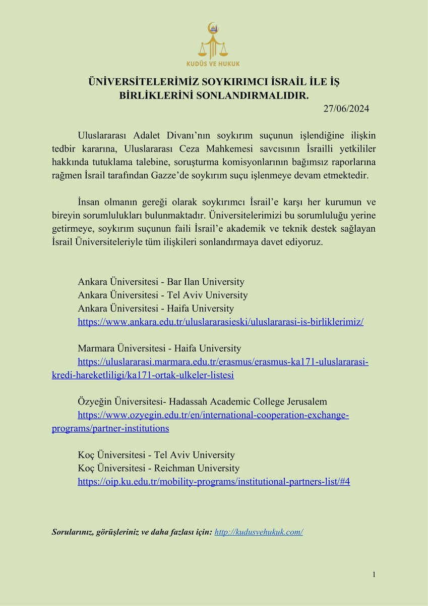 Kudüs ve Hukuk (@kudusvehukuk) on Twitter photo Yıllardır süren işgale ve aylardır devam eden soykırıma rağmen üniversitelerimizin israil ile iş birlikleri devam ediyor.
Soykırıma destek olan tüm kurumlarla ilişkiler kesilmelidir.
<a href="/YuksekogretimK/">Yükseköğretim Kurulu</a>
<a href="/kocuniversity/">Koç Üniversitesi</a>
<a href="/AnkaraUni/">Ankara Üniversitesi</a>
<a href="/marmara1883/">Marmara Üniversitesi</a>
<a href="/ozyeginuni/">Özyeğin Üniversitesi</a>
#FreePalestine Yıllardır süren işgale ve aylardır devam eden soykırıma rağmen üniversitelerimizin israil ile iş birlikleri devam ediyor.
Soykırıma destek olan tüm kurumlarla ilişkiler kesilmelidir.
<a href="/YuksekogretimK/">Yükseköğretim Kurulu</a>
<a href="/kocuniversity/">Koç Üniversitesi</a>
<a href="/AnkaraUni/">Ankara Üniversitesi</a>
<a href="/marmara1883/">Marmara Üniversitesi</a>
<a href="/ozyeginuni/">Özyeğin Üniversitesi</a>
#FreePalestine