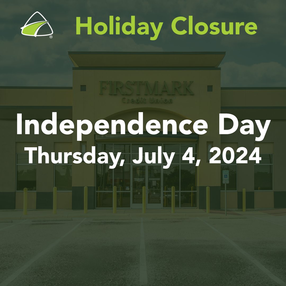 In observance of Independence Day, our corporate office, call center, and financial centers will be closed Thursday, July 4. We look forward to serving you during regularly scheduled hours on Friday, July 5.

#IndependenceDay
#FirstmarkCU