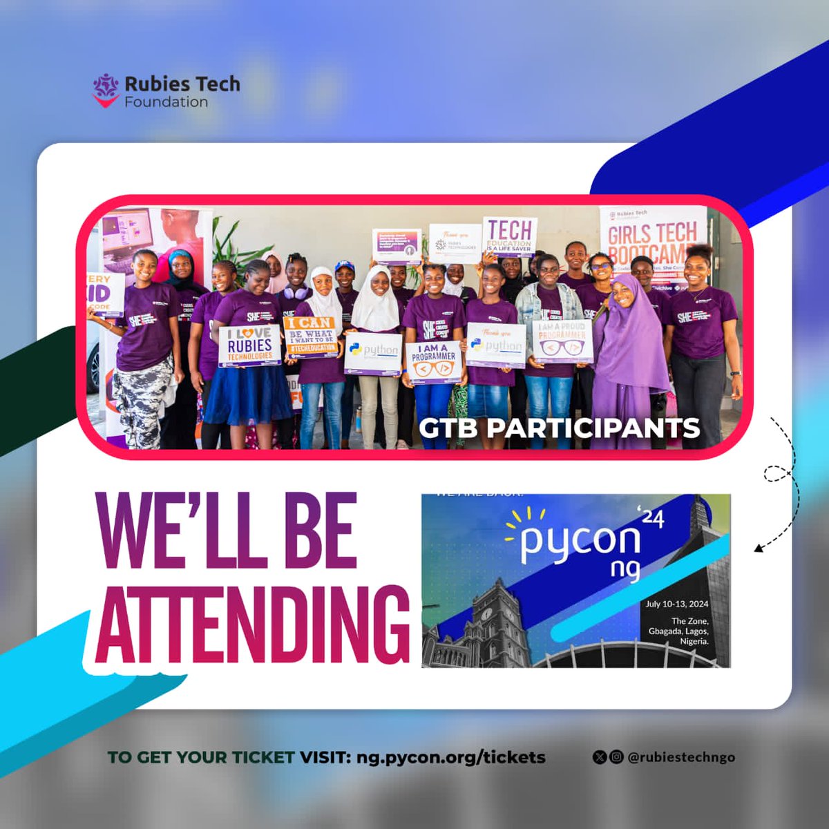 rubiestechngo's tweet image. Yeahhhh ☺️ ☺️ ☺️
The girls at the Girls Tech Boot camp will be attending the Pycon ng '24.
Come join us at this conference for Python programming enthusiasts.
Get your tickets through the link below 👇👇👇👇
ng.pycon.org/tickets
#pycon2024 #python #pythonconference
