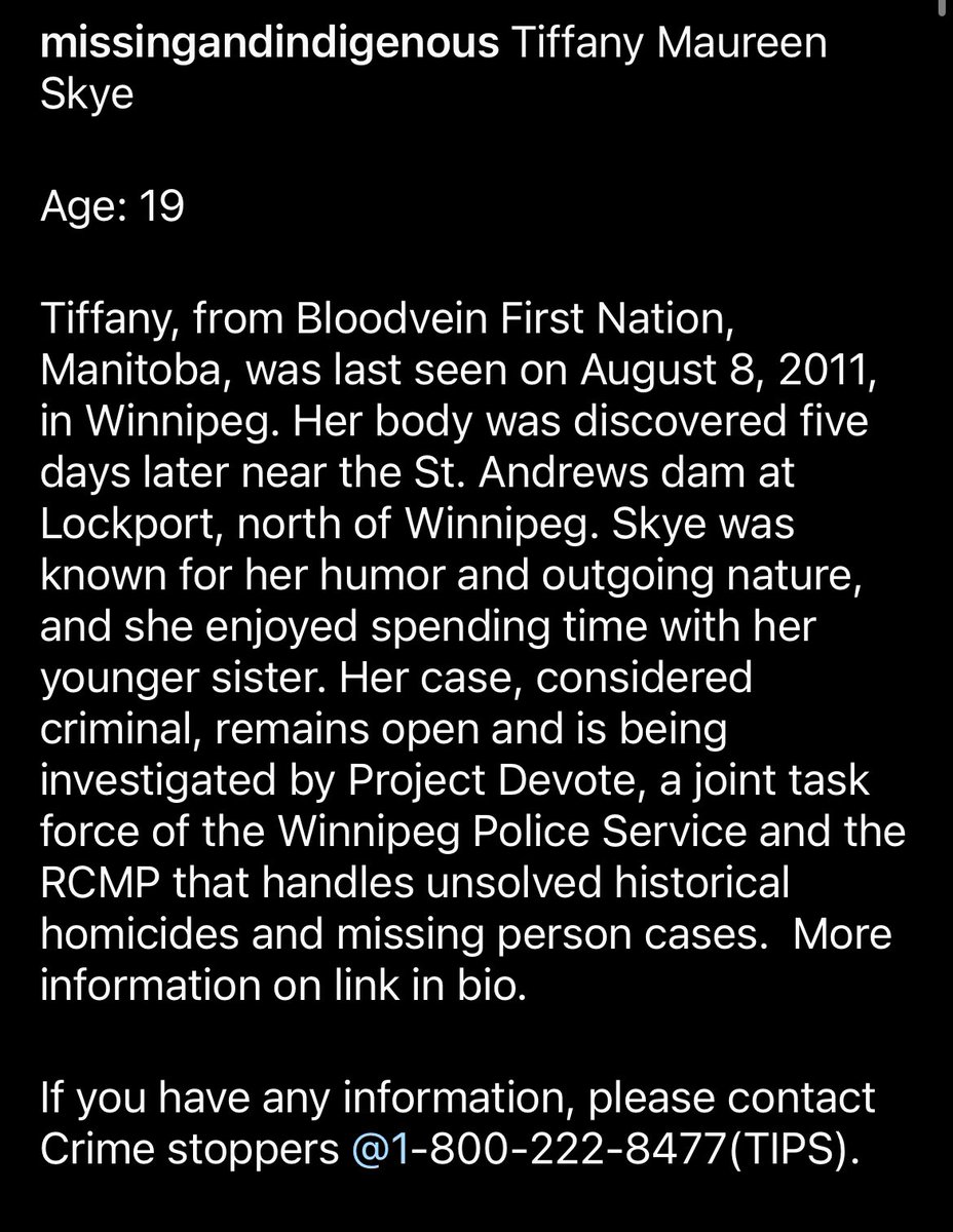 native_missing's tweet image. Tiffany Maureen Skye
Age: 19
Tiffany, from Bloodvein First Nation, was last seen on Aug 8, 2011, in Winnipeg. Her body was discovered in five days at Lockport.
If u have any info, contact CrimeStoppers @1-800-222-8477(TIPS)
#metoo #mmiw