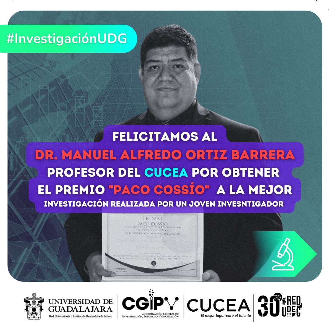 vaai_udg's tweet photo. ¡Destaca talento en investigación de @CUCEA_OFICIAL ! 🤓
🔬#InvestigaciónUDG | El Dr. Manuel Alfredo Ortiz Barrera, fue premiado con el Premio "Paco Cossío" en el Congreso de la @RedAedem.
Desde la #CGIPV reconocemos y felicitamos al Dr. Manuel. ¡Enhorabuena!👏 https://t.co/iTtqjpdcsA