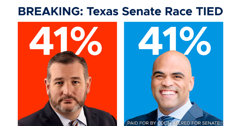ColinAllredTX's tweet photo. GREAT NEWS: Colin Allred is officially TIED with Ted Cruz in the polls! But Cruz has raised more than any other Senate candidate &amp; a GOP super PAC is spending $10 million to CRUSH our grassroots movement. We MUST hit our FEC EOQ goal to help Colin fight back. Donate NOW!