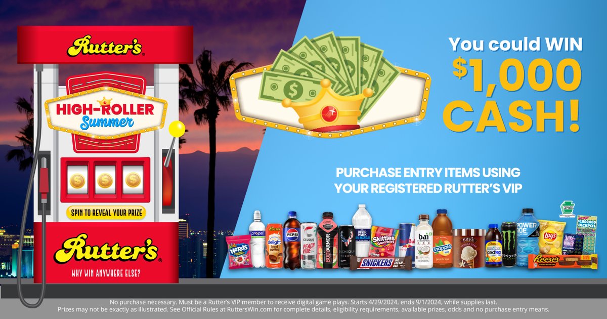 Rutters's tweet photo. Did you know you can Spin and instantly WIN $1,000 Cash in our High Roller Summer Sweepstakes?! Visit us today and purchase entry items for your chance to Spin to Win! Full list of entry items can be found on https://t.co/er6V3oXy27.
#Rutters #WhyWinAnywhereElse https://t.co/9pcej15Jmb