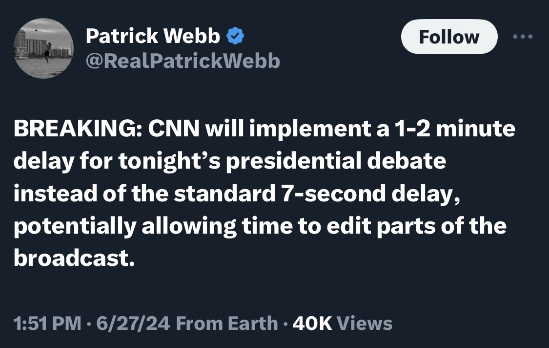 ChuckCallesto's tweet photo. JUST IN: CNN stacking the deck, will implement a one to two minute delay which will give them the ability to CUT AND EDIT audio they don’t like.. 

PAYING ATTENTION NOW.. https://t.co/GFa10QhClN