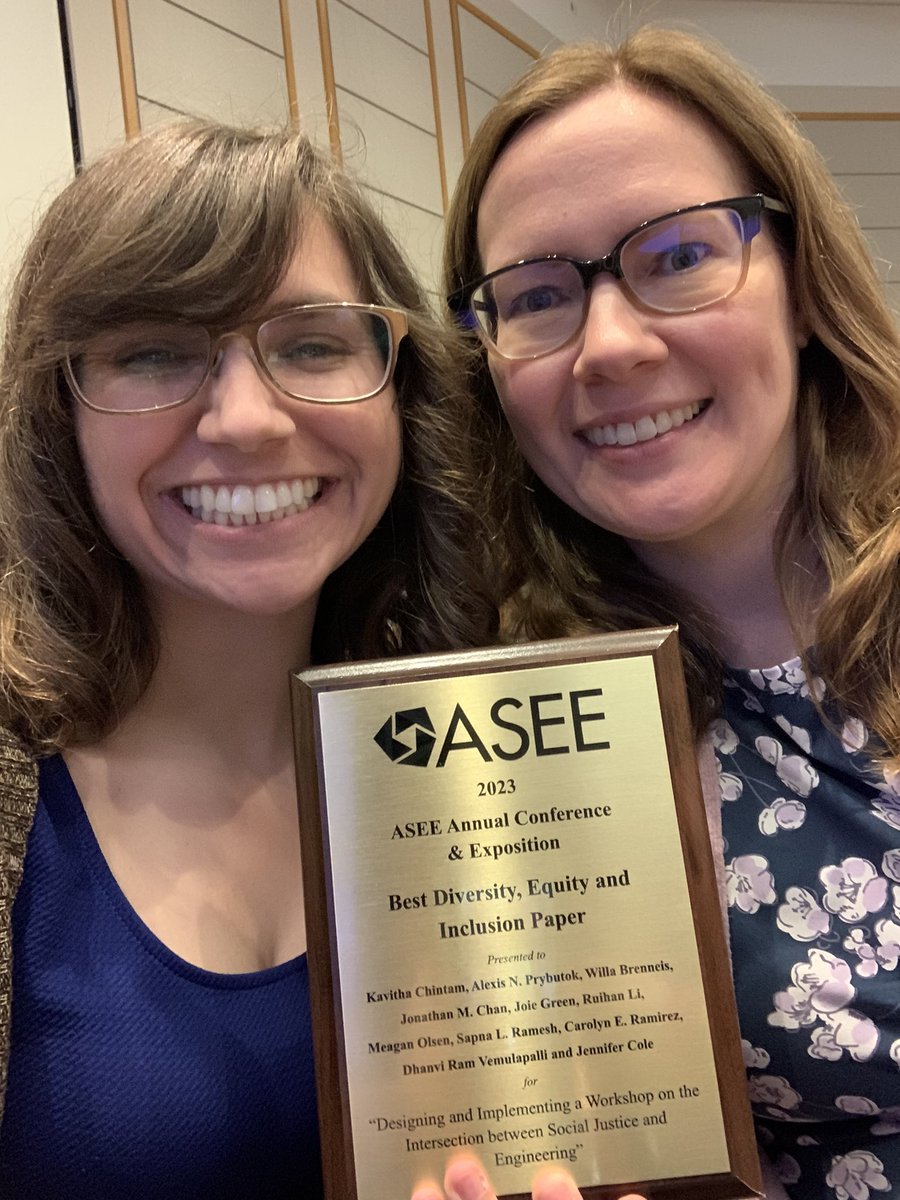 Had a great week at <a href="/ASEE_DC/">ASEE</a> where I had the honor to give a short plenary talk on a big stage about our team’s ASEE 2023 Best DEI Paper award-winning paper alongside the other fantastic paper award winners, and I got to celebrate with one of our co-authors, the amazing <a href="/ColeJY/">Jennifer Cole</a>!!
